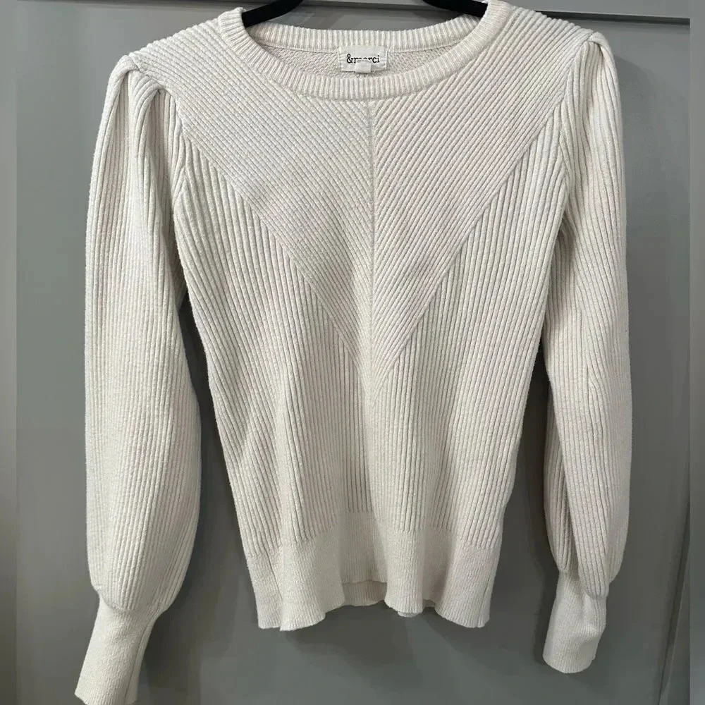 &Merci White Sweater Puff Sleeve Crewneck Pullover Size Small